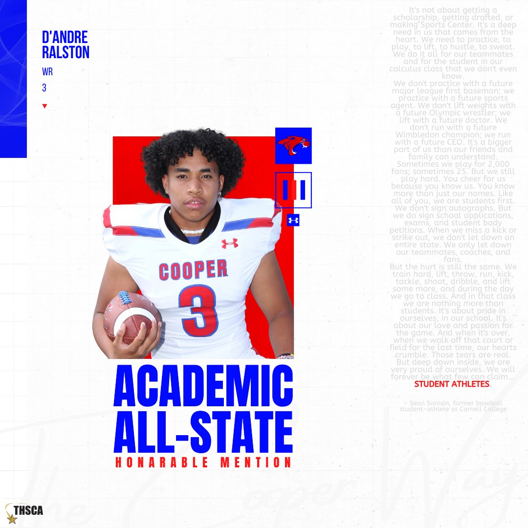Coopercoogs1's tweet photo. Give a retweet/like to help us recognize these athletes for their hard work in the classroom!
Academic All-State:
HM #38 Kamune Mrisho - K 
HM #3 D'Andre Ralston - RB/WR
HM #33 Johnathan Vanwinkle - LB 
#StudentAthletes #TCW #StepHarder #GPS https://t.co/VF9ps39z3n