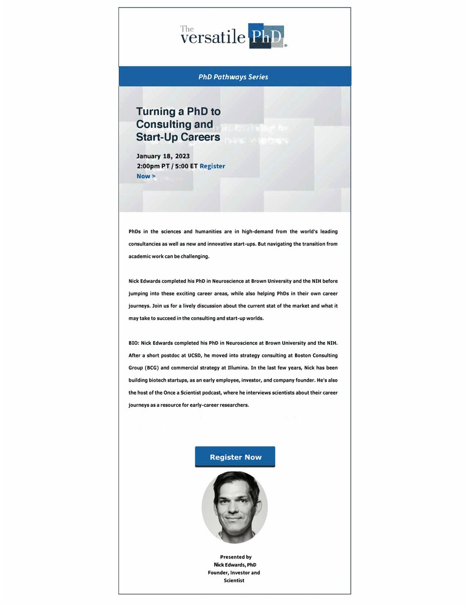 We're excited have the talented Nick Edwards, PhD join us for an upcoming webinar on "Turning a PhD to Consulting and Start-Up Careers." 

January 18th, 2023
2pm PT / 5pm ET

Members can register here: 👇👇👇👇
lnkd.in/geRSnTd

#phdcareers #graduatecareers #consulting