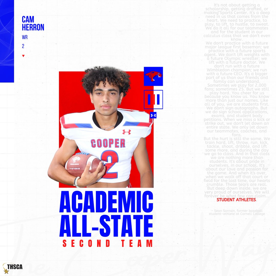 Coopercoogs1's tweet photo. Give a retweet/like to help us recognize these athletes for their hard work in the classroom!
Academic All-State:
2nd #2 Cam Herron - RB/WR 
HM #26 Ethan Deleon - LB
HM #55 Jessie Hernandez - OL
#StudentAthletes #TCW #StepHarder #GPS https://t.co/Kj7uLRhf5H