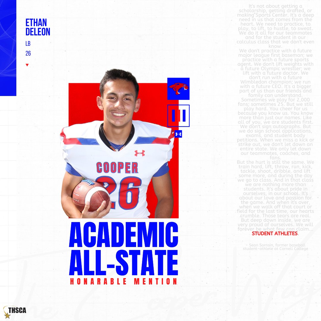 Coopercoogs1's tweet photo. Give a retweet/like to help us recognize these athletes for their hard work in the classroom!
Academic All-State:
2nd #2 Cam Herron - RB/WR 
HM #26 Ethan Deleon - LB
HM #55 Jessie Hernandez - OL
#StudentAthletes #TCW #StepHarder #GPS https://t.co/Kj7uLRhf5H