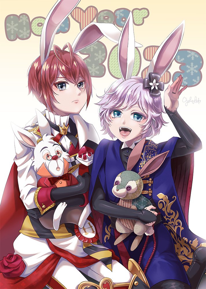 multiple boys animal ears male focus 2boys rabbit ears blue eyes red hair  illustration images