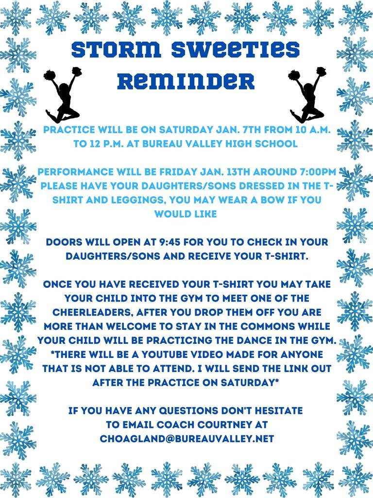 BVHS Storm Sweeties Reminder:
Practice: Saturday, Jan. 7th (10:00-12:00) @ BVHS
Performance: Friday, Jan. 13th @ BV vs. St. Bede boys game
Go Storm!