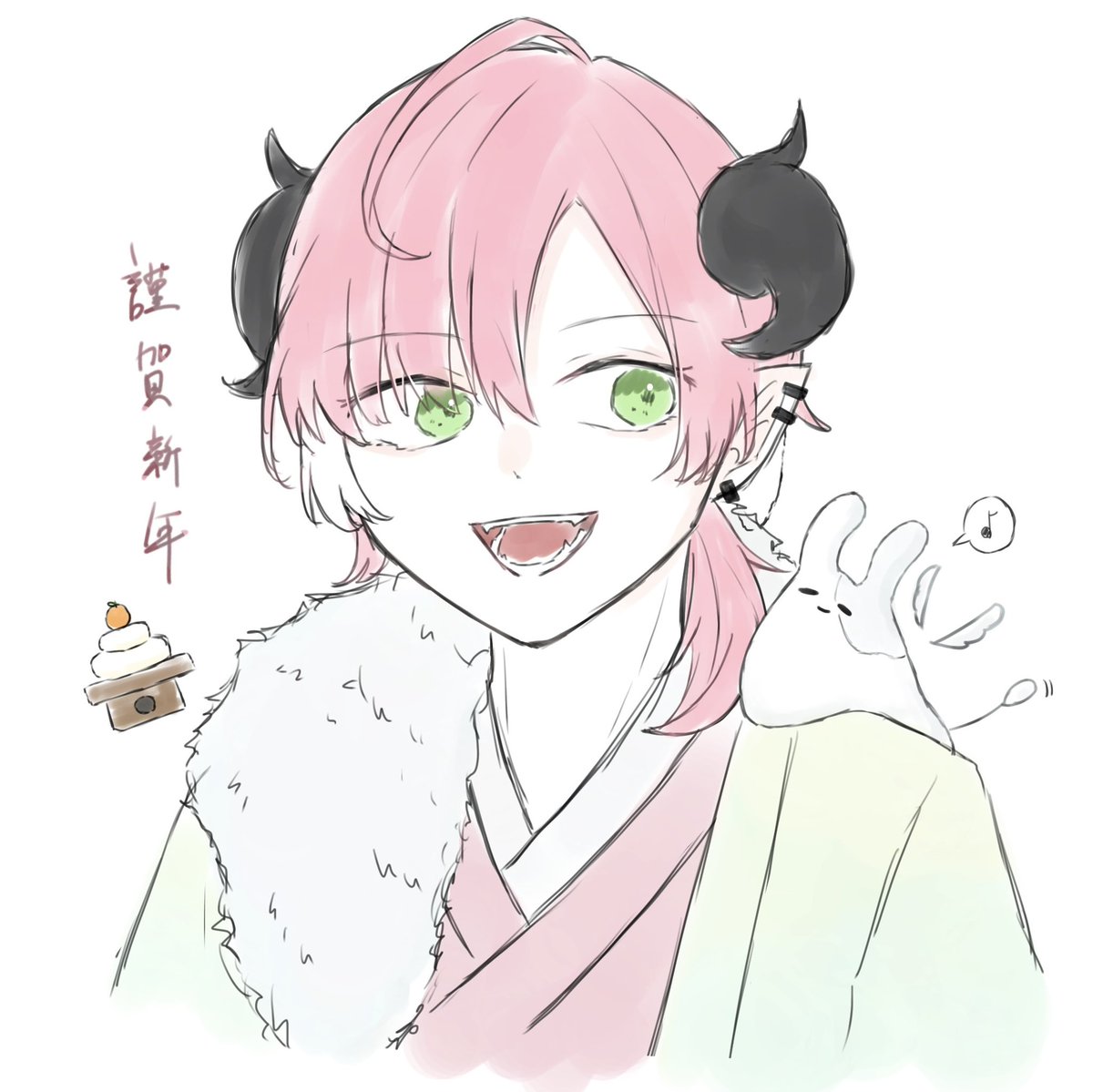 horns pink hair 1boy male focus green eyes pointy ears white background  illustration images