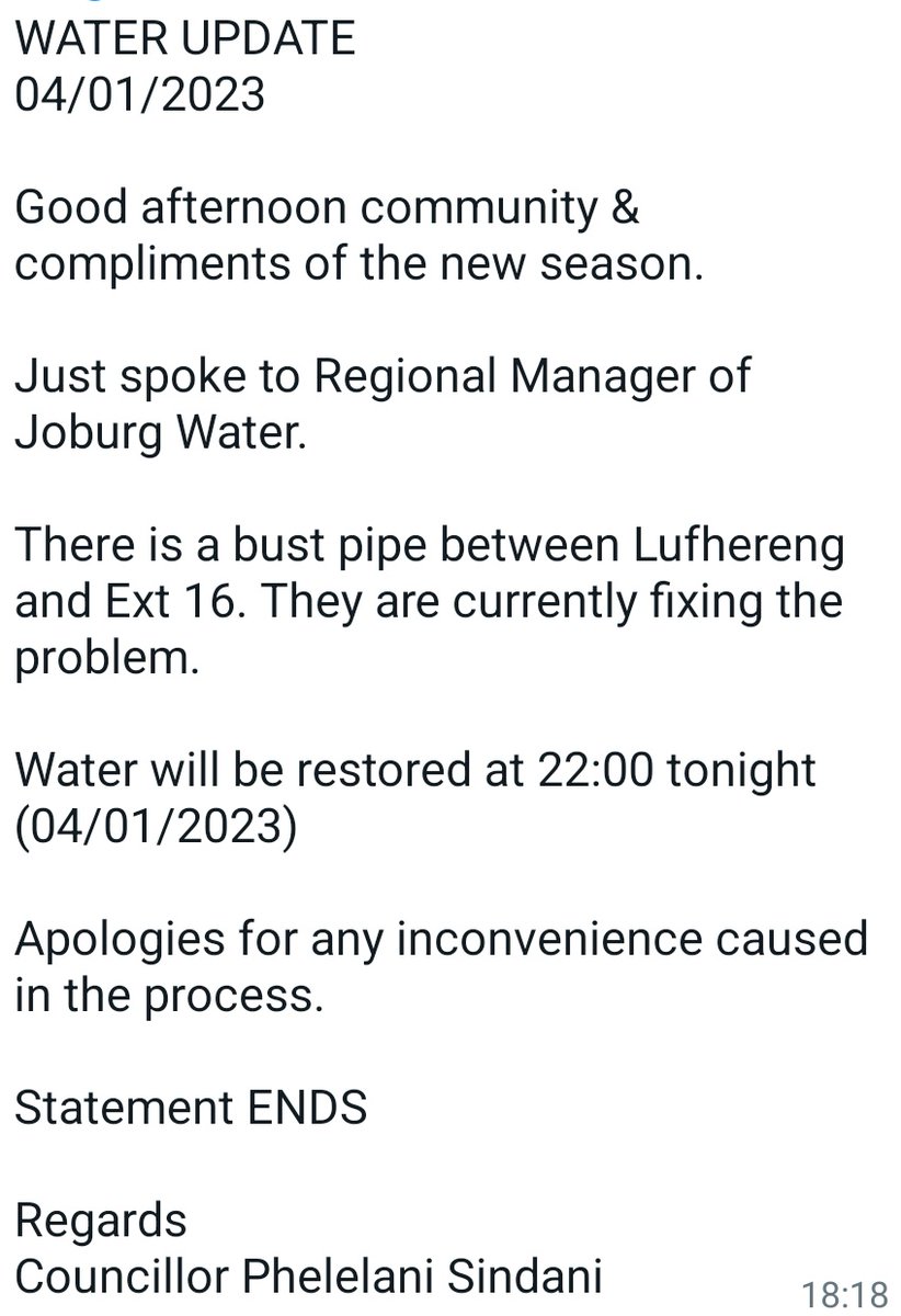 ProteaGlenComms's tweet photo. Water Update:

Water will be restored at 22:00pm tonight 
@CityofJoburgZA @Phelelani_sinda

#ProteaGlen #ProteaGlenComms

CC @glenradiofm https://t.co/b7oklk60qd
