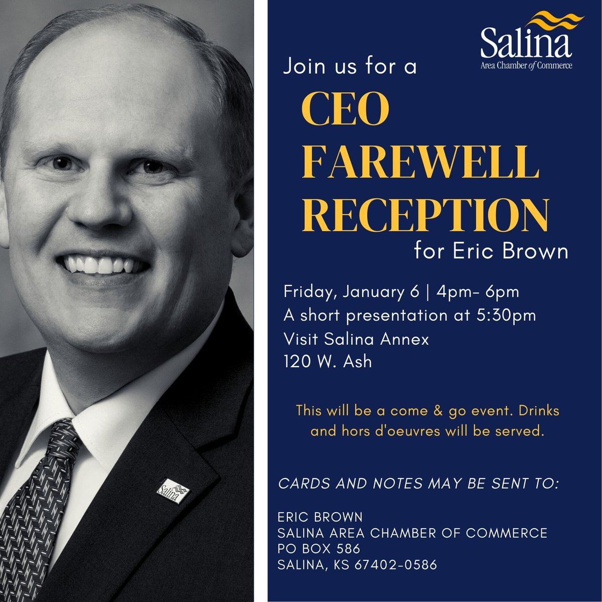 🥳 Join us this Friday --  It's Mr. Salina's send off!

January 6, 2023
4-6pm
Visit Salina Annex, 120 W. Ash