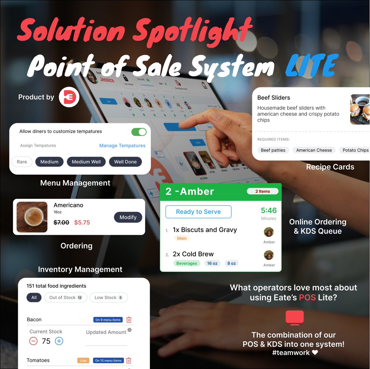 Eate’s POS Lite provides restaurants that don’t have traditional table-side service with a platform that aims to instantly improve margins, increase sales and enhance guest experiences!
