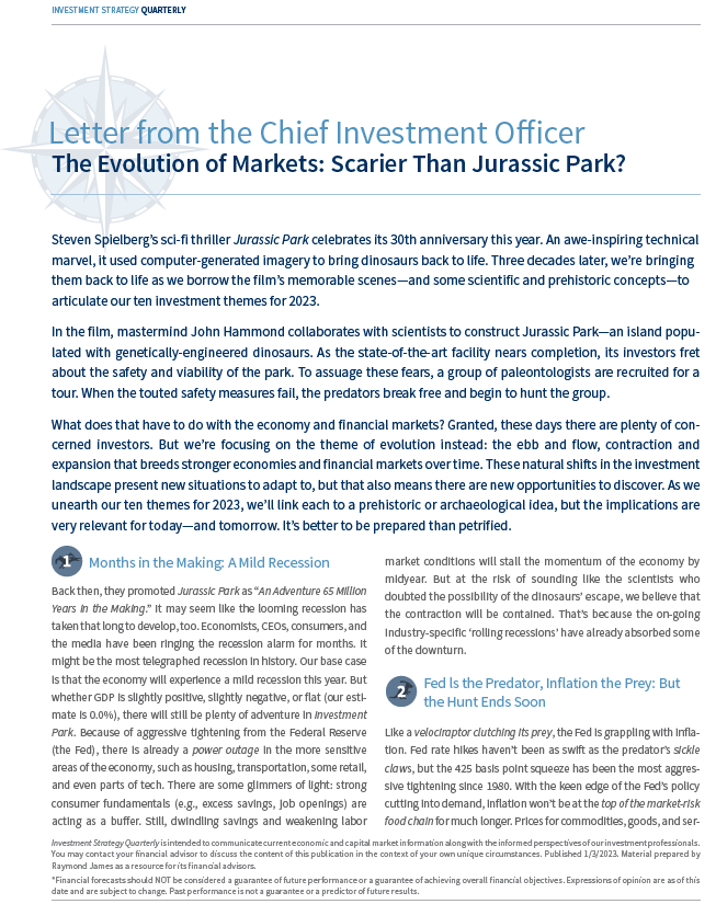 LarryAdamRJ's tweet photo. The evolution of the investment landscape allows us to unearth new opportunities. Our CIO Letter “The Evolution of Markets – Scarier Than Jurassic Park?” shares our 2023 #TenThemes and explains how we’d navigate the markets’ ebbs and flows this year. https://t.co/RPiRRJoPgG https://t.co/hhVxsBaJIW