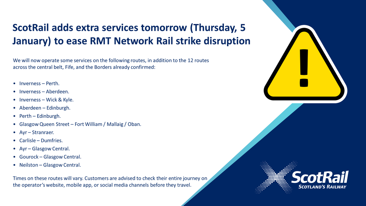 ScotRail's tweet photo. We've been able to add extra services to our timetable tomorrow, which had been disrupted due to RMT Network Rail strikes.

More info here ➡ https://t.co/XbXtQjaXkr https://t.co/aI8wrZSluw