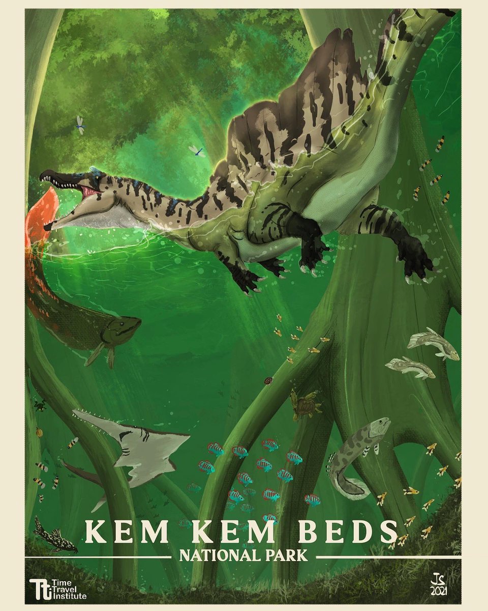 FossilBonanza's tweet photo. As a former Park Ranger, I can't help but love @anomallite National Park-inspired posters of ancient habitats. The soft colors and the dynamic poses are great but I love the little touches like the "Time Travel Institute" logo.
#HabitatWeek #Paleontology https://t.co/t8lIQ92YaC