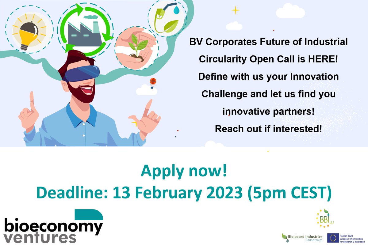 BioeconomyVentures 🌱 𝐂𝐨𝐫𝐩𝐨𝐫𝐚𝐭𝐞𝐬 🧪 Future of Industrial Cirularity 🧪 #OpenCall is here ❕

Deadline is February 1️⃣3️⃣th, 2️⃣0️⃣2️⃣3️⃣ - 1️⃣7️⃣:0️⃣0️⃣ CET ⏳

#Applynow ✔ :

More info here: bioeconomyventures.eu/what-is-the-fu…
