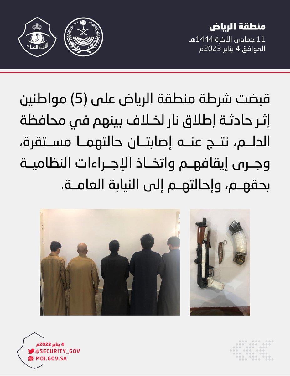 security_gov's tweet photo. شرطة منطقة الرياض تقبض على (5) أشخاص إثر حادثة إطلاق نار في محافظة الدلم. https://t.co/7yyhAoKDnI