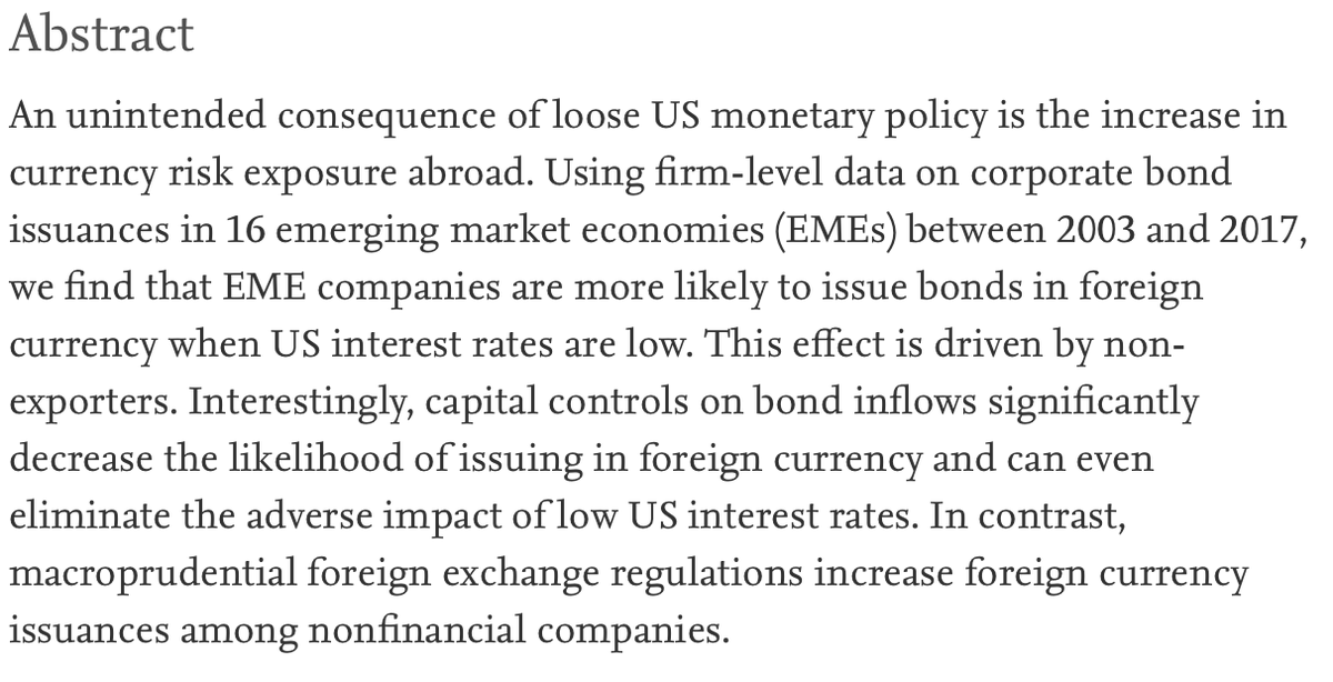 New: "The rise in foreign currency bonds: The role of US monetary policy and capital controls" by Philippe Bacchetta(<a href="/phbacche/">Bacchetta Philippe</a>), Rachel Cordonier and Ouarda Merrouche(<a href="/OuardaMerrouche/">Ouarda Merrouche</a>). The paper studies bond issuance by firms in Emerging Markets (EM).
doi.org/10.1016/j.jint… 1/2