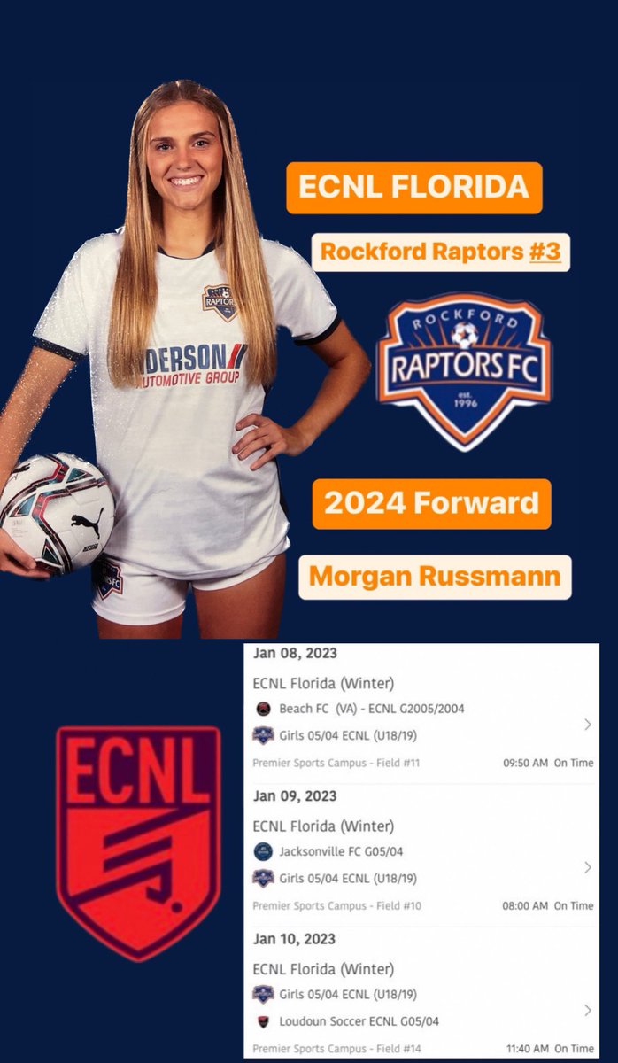 So excited to start off the new year at #ECNLFL!! Come watch us play! <a href="/ECNLgirls/">ECNL Girls</a> <a href="/RRaptorsfc/">RockfordRaptorsfc</a> <a href="/TheECNL/">The ECNL</a> <a href="/ImCollegeSoccer/">College Soccer Truth ™</a> <a href="/TheSoccerWire/">SoccerWire</a> <a href="/TopDrawerSoccer/">TopDrawerSoccer</a> <a href="/ImYouthSoccer/">ECNL/GA/Recruiting/College Soccer</a>