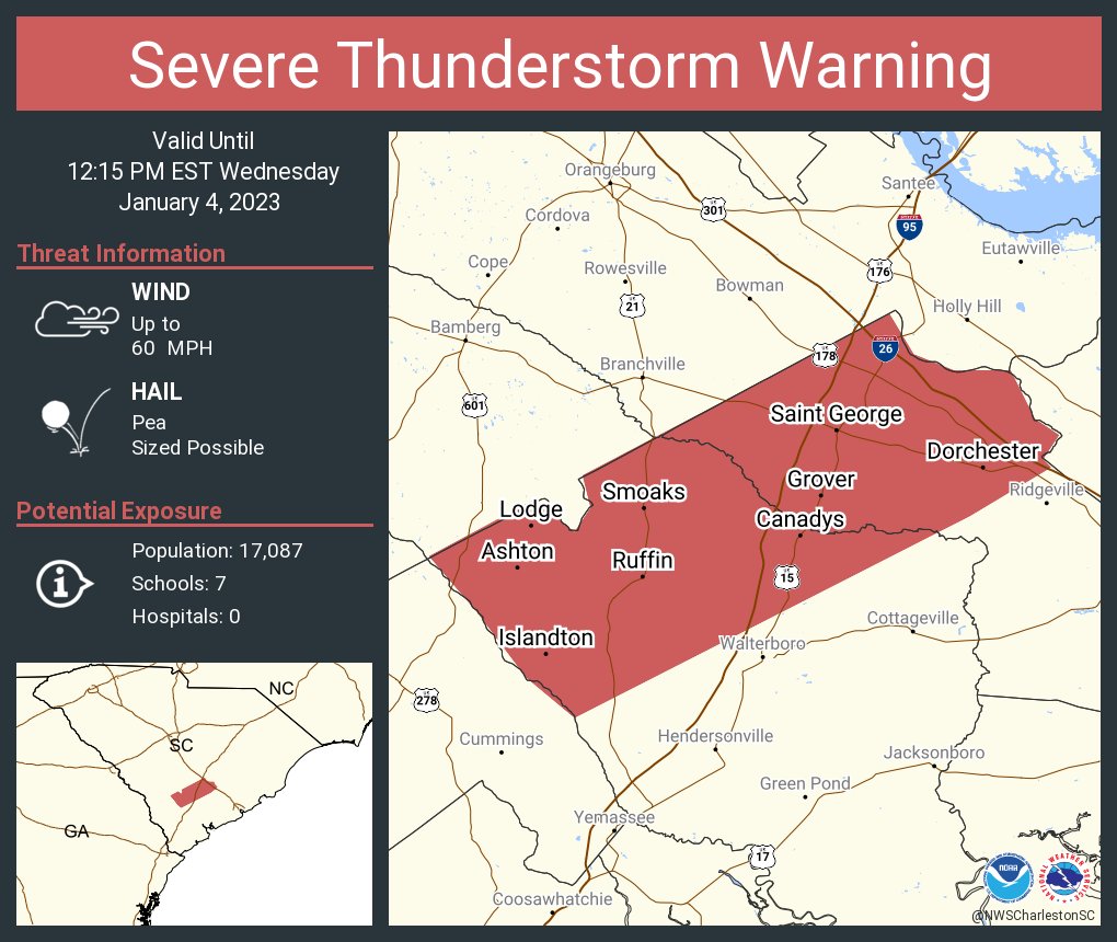 Severe Thunderstorm Warning including Saint George SC, Harleyville SC and  Reevesville SC until 12:15 PM EST