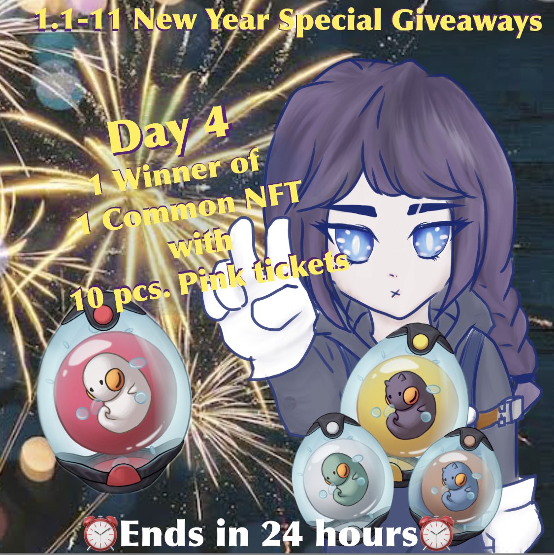 1.1-11 #NewYear Special #NFTGiveaways 🎉

✨Day 4 Prize✨
🥇1 Winner of <a href="/devikins_game/">Devikins</a> #Common #NFT &amp; #PinkTickets!🎟

✅ Follow the 📌 Pinned tweet✨
✅Subscribe to my #Youtube Channel:
📺➡️m.youtube.com/c/FrosteriaFra…
✅ Post your screenshots below⬇️ 

#NFTGame

Good luck! 🍀 😈🎮
