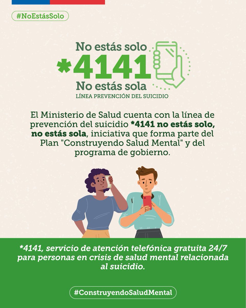ministeriosalud's tweet photo. ✅El Ministerio de Salud cuenta desde hoy con la línea de prevención del suicidio *4141 #NoEstásSolo, #NoEstásSola", iniciativa que forma parte del Plan "#ConstruyendoSaludMental" y del programa de gobierno. Conoce más detalles de esta iniciativa a continuación. https://t.co/h7hHMJvcdK