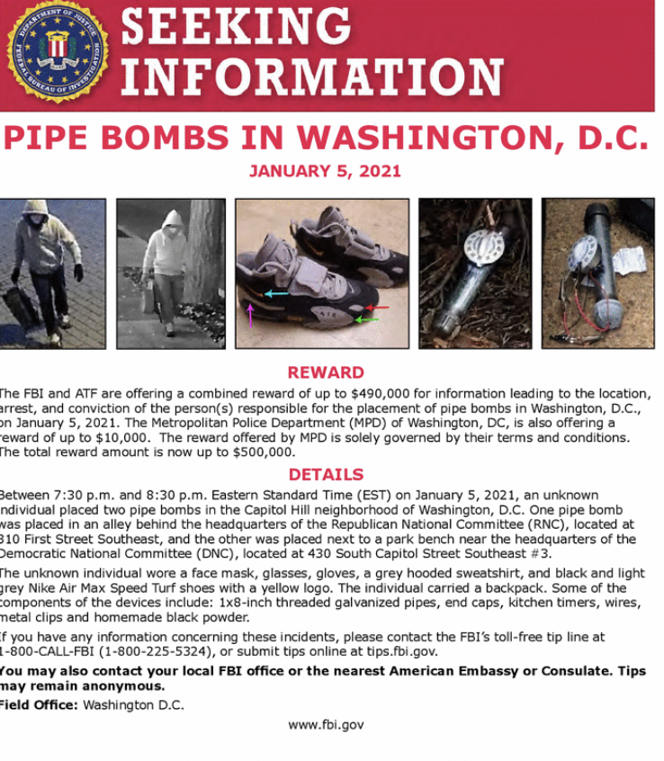 girlsreallyrule's tweet photo. The @FBI has increased the reward for the pipe bomb suspect to $500K and is encouraging the American public to take another look at the photos and videos of the suspect and the device. 

Submit a tip here: https://t.co/NCAbFTJVx0. https://t.co/LNw4ZjMe9r https://t.co/xcilJQKuEf