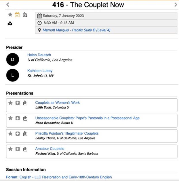 kathylubey's tweet image. The Couplet Now at #MLA2023, 8:30 Saturday morning: be there! (And, safe travels ☔️)