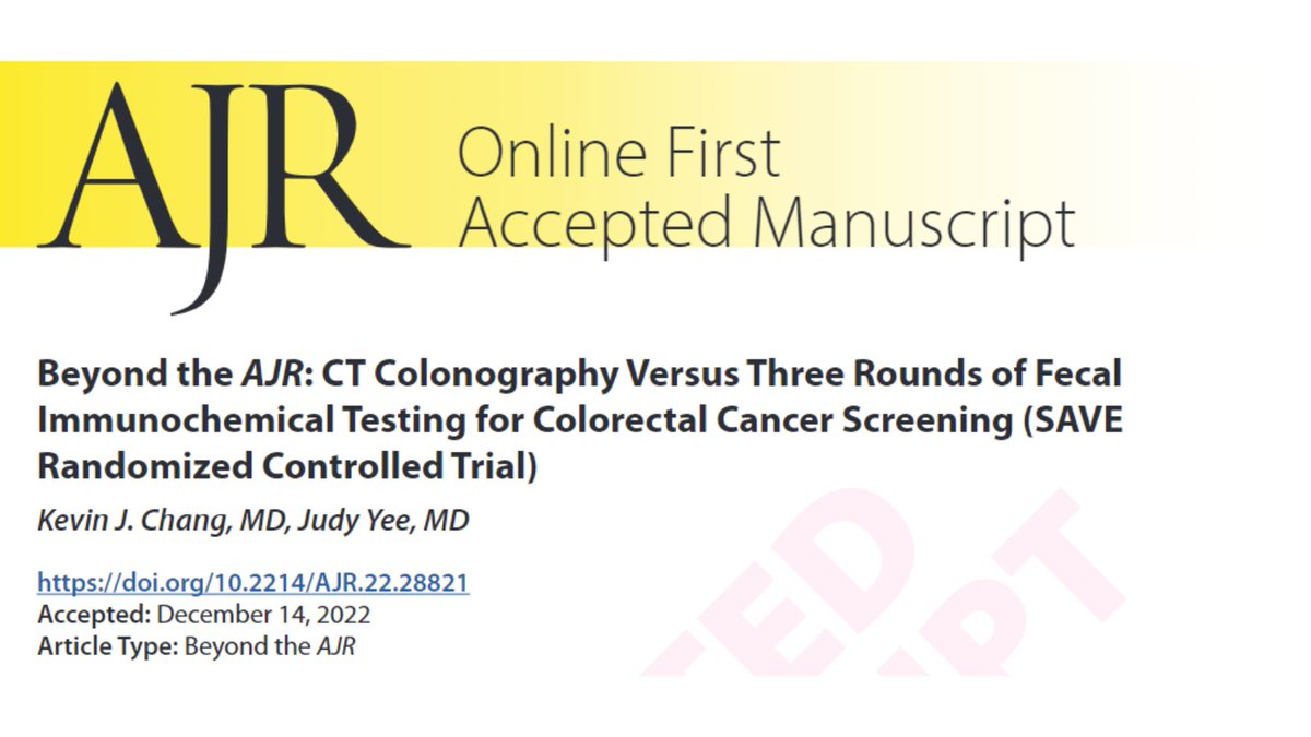 New @AJR_Radiology Accepted Manuscript: 'Beyond the AJR: CT Colonography Versus Three Rounds of Fecal Immunochemical Testing for Colorectal Cancer Screening (SAVE Randomized Controlled Trial)' By Drs @kchang & @JudyYeeMD @BURadiology @MontefioreRAD ajronline.org/doi/abs/10.221…