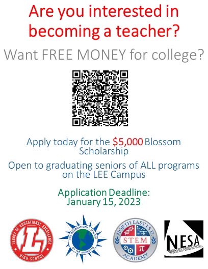 We want to encourage all seniors, planning to major in education to apply for the $5000 Blossom Scholarship.  The deadline to apply  is Jan. 15th. Please visit  necouncilpta.com/neisd-and-coun… for more info and you can apply online at docs.google.com/forms/d/e/1FAI… .