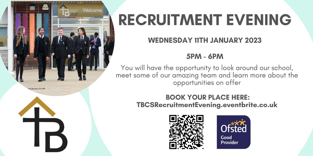 Join us for our recruitment evening on Wednesday 11th January. 
A list of our current vacancies and further information can be found on our school website:
thomasbecket.org.uk/vacancies
Places can be booked here:
…CSRecruitmentEvening.eventbrite.co.uk