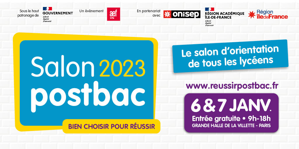 🗓️ Le salon Postbac, les 6 et 7 janvier 2023 à la Grande Halle de la Villette, c'est le dernier rendez-vous avant les vœux parcoursup ! Pour vous inscrire, cliquez ici ⏩ f.aefinfo.fr/form/2022-10_r…
