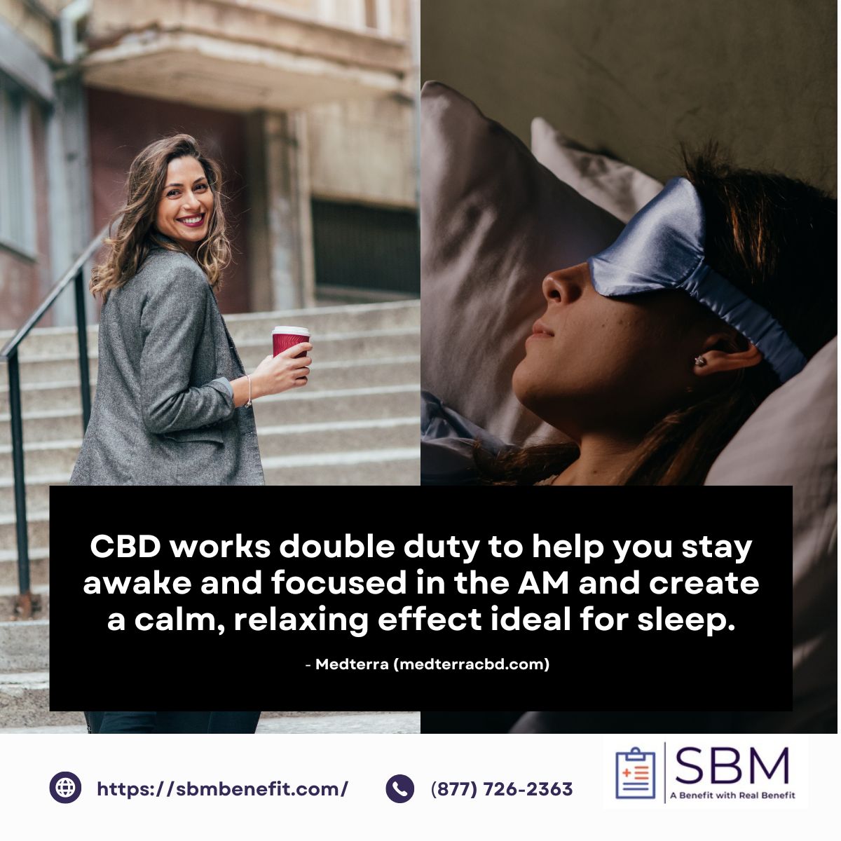 SbmBenefit's tweet photo. #CBD works double duty to help you stay awake &amp; focused in the AM and create a calm, relaxing effect ideal for #sleep.  #employeebenefits #benefits #Wellbeing #wellness #benefits #mentalhealth https://t.co/U9qHr8ndyx