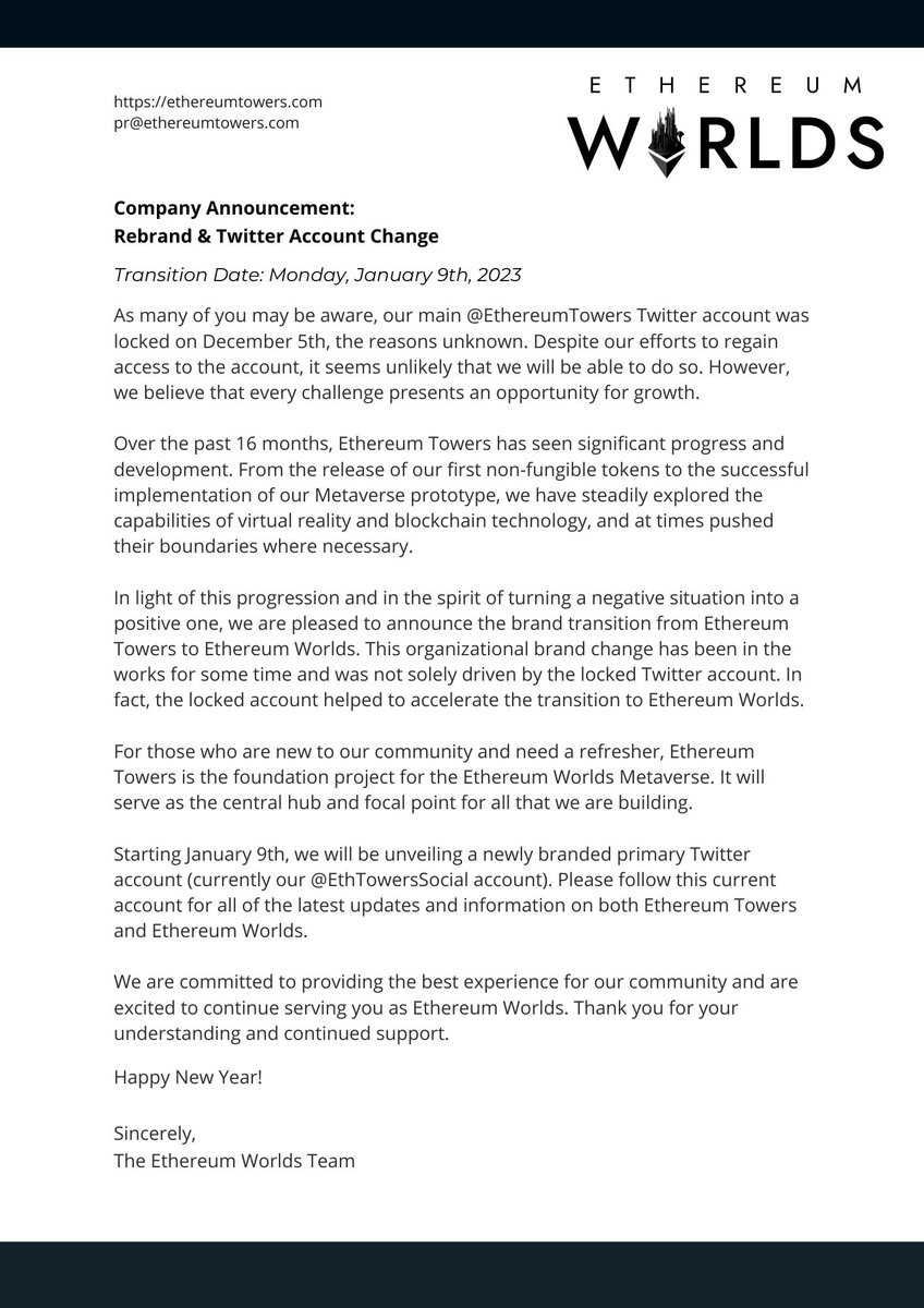 📢 Rebrand &amp; Twitter Account Change 📢

Starting Monday, January 9th... we will be transitioning our brand from Ethereum Towers to Ethereum Worlds.

Also, with <a href="/EthereumTowers/">Ethereum Towers</a> being locked by Twitter, we will be unveiling a new primary account. Details below and in our Discord.