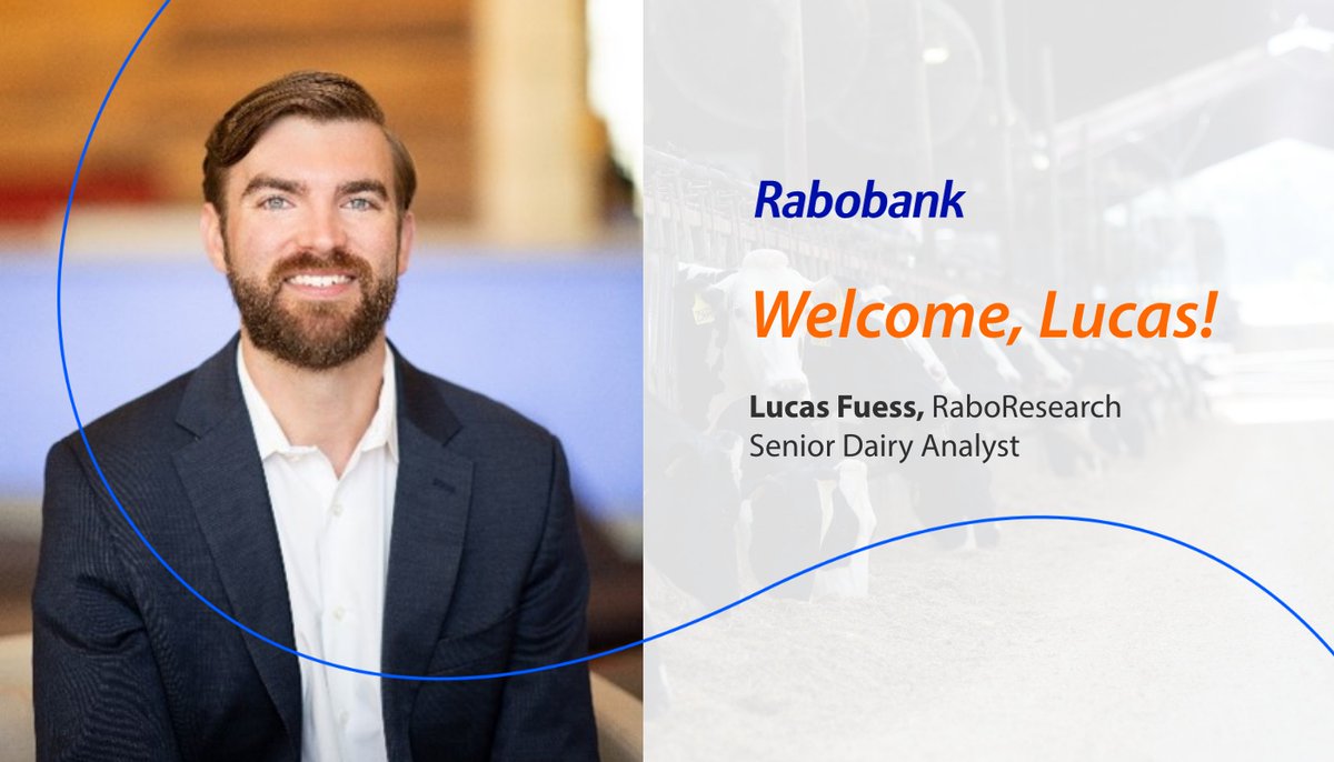 RabobankNA's tweet image. Welcome Lucas Fuess to Rabo AgriFinance as our new #RaboResearch senior dairy analyst! Lucas has extensive experience serving the dairy sector throughout his career and has gained recognition domestically and globally for his foresight and first-hand industry knowledge.