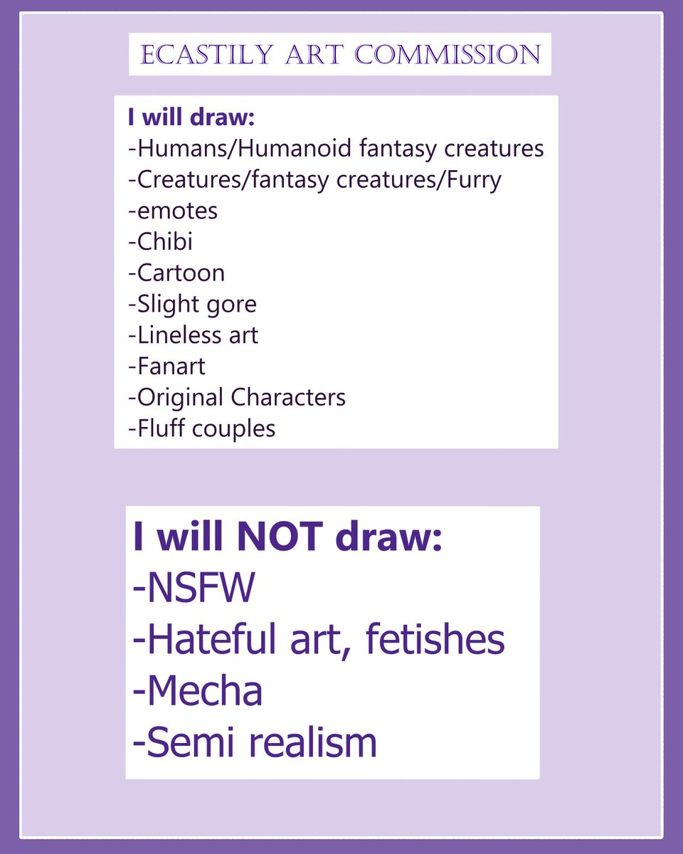 Ecastily's tweet photo. ART COMMISSION reworked
For more information please check out my google form: 
https://t.co/4scVFfWfGY

Any questions pls DM me or contact me through my Email shown in the image✨ https://t.co/lxNWTLxT7B