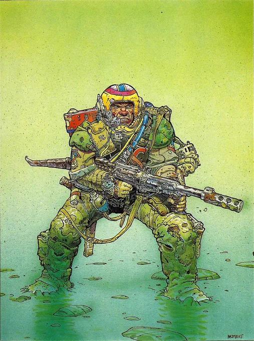 also obviously a nod from Moebius's trooper from the short story "L'homme est il bon?" ( is the man good ) first published in Metal Hurlant magazine in 76 if I remember correctly. 