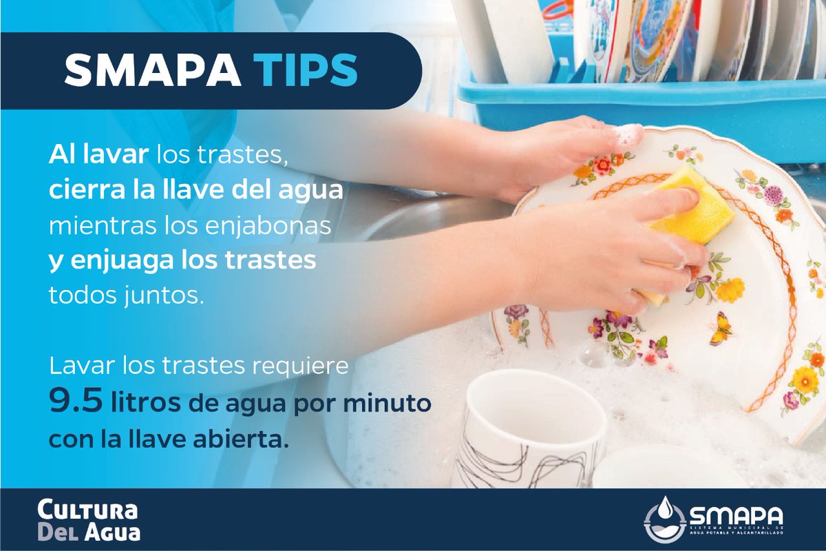 TuxtlaSMAPA's tweet photo. #SmapaTips

Al lavar los trastes cierra la llave del agua mientras los enjabonas. Enjuaga los trastes todos juntos.
Lavar los trastes requiere 9.5 litros de agua por minuto con la llave abierta.

El agua es vida y se agota
¡Cuidémosla! https://t.co/6JQXeF8QcR