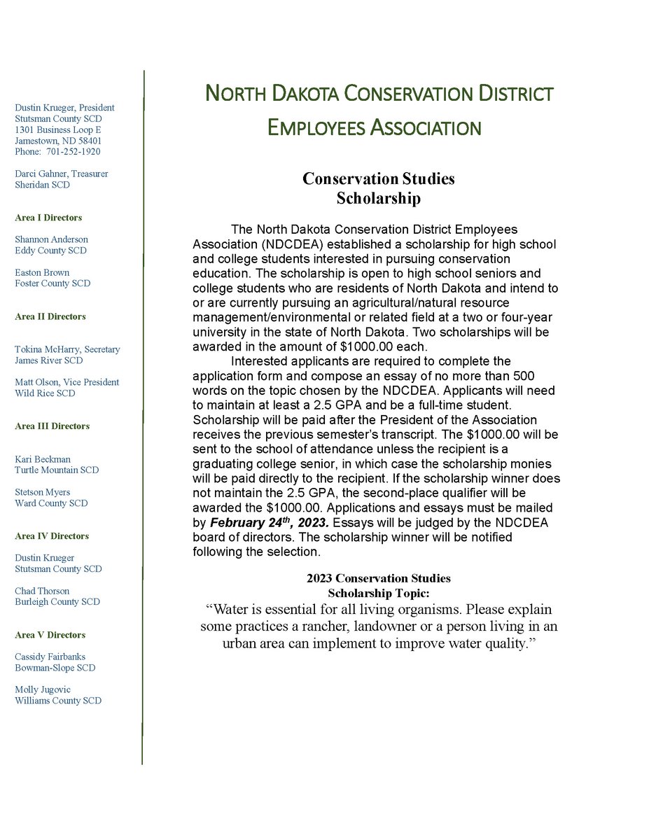 SoilForks's tweet image. The NDCDEA is offering a scholarship for high school and college students. Applicants eligible will be pursuing agricultural/ natural resource management related field.  Applications must be mailed by February 24th.   Application found on our website: gfscd.org