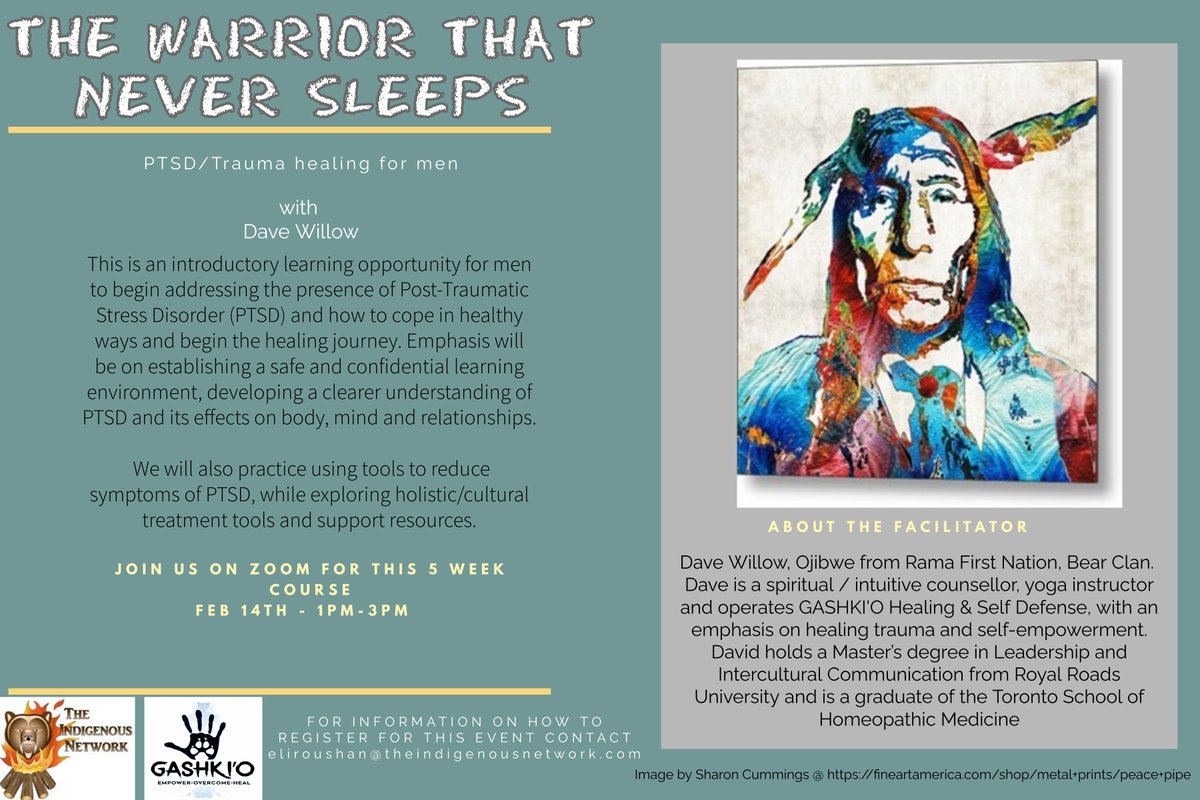 PTSD/Trauma healing for Men with Dave Willow. This event will be held over zoom for 5 weeks starting Feb 14th. To register for the event, contact Elizabeth at eliroushan@theindigenousnetwork.com