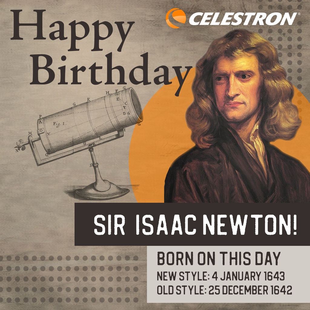 Happy Birthday, Sir Isaac Newton! A mathematician, physicist, and astronomer, Newton developed the principles of modern physics and is credited with building the first reflecting telescope. Grab a Newtonian Reflector today in his honor! bit.ly/3NVlHPh