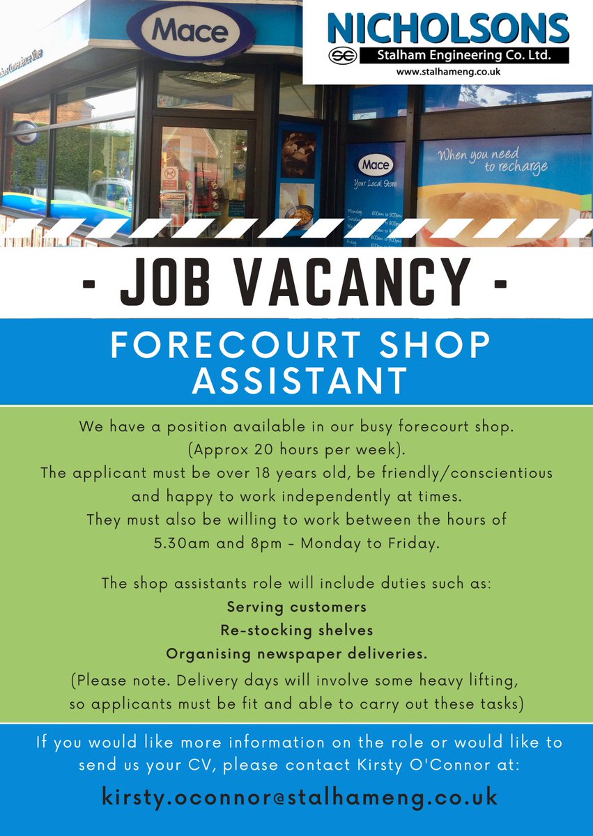 Stalhameng's tweet photo. Want to join our team? We're looking for a Part time Shop Assistant in our busy forecourt shop. https://t.co/Ggqwdq2VXy