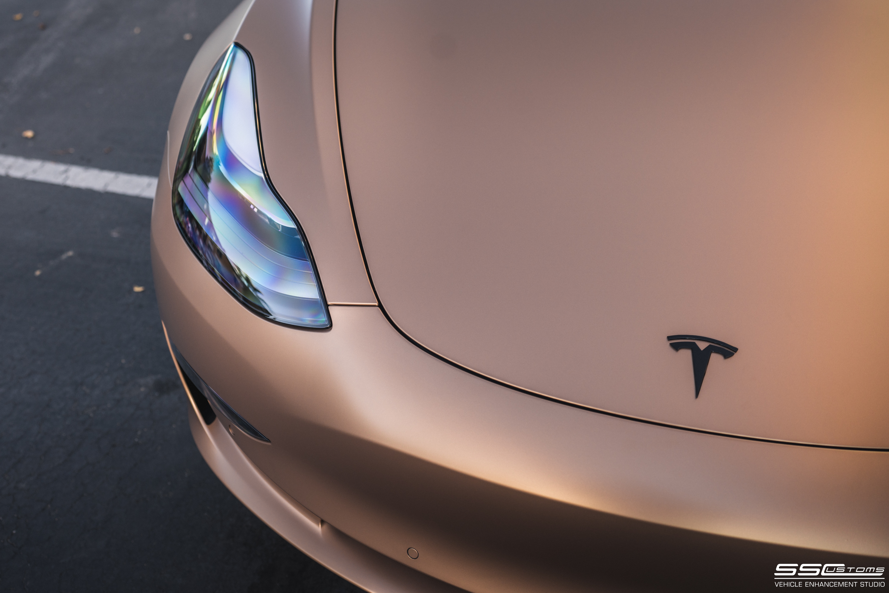 SS Customs on X: Color Change Vinyl Wraps enhance the aestheticism of your  vehicle, in addition to protecting the paint underneath. Specs: Tesla Model  3 PWF Matte Phantom Gold #VinylWrap #sscustoms #aftermarketautomotive #