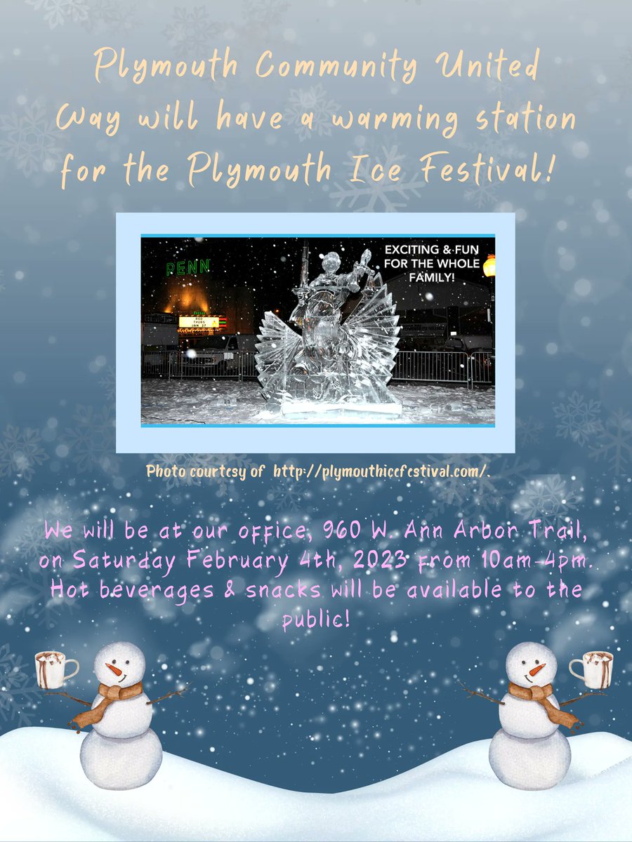 We are so excited to hang out during the annual #PlymouthIceFestival! We will be providing a warming station with hot drinks. Our warming station will be available on the second day, February 4th, from 10am-4pm. Come and stop by! #PlymouthUnitedWay #PCUW