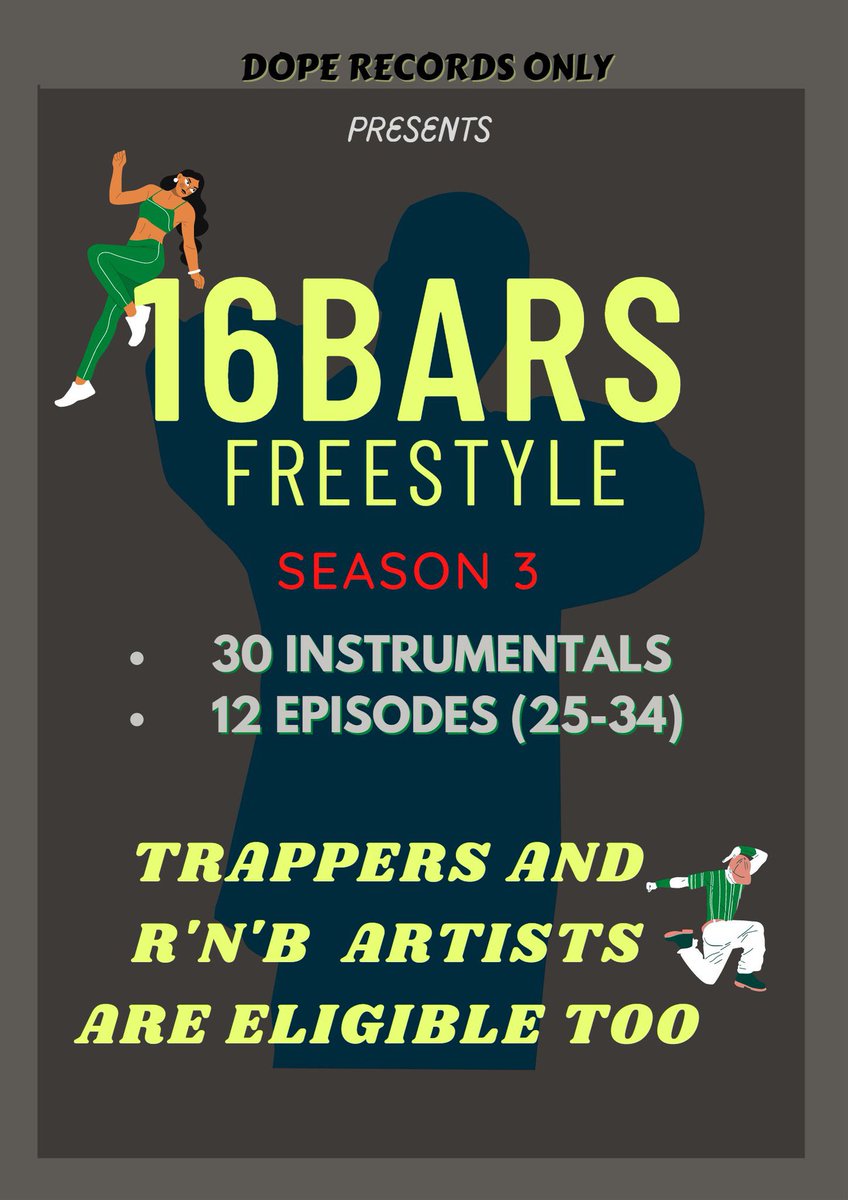 ONCE AGAIN, IT'S THAT TIME OF THE YEAR
     16BARZ SZN3!! 
#Rappers, Trappies, & #RnB Baddies
TURN UP and give us thAT WINNING #16BARS.

   30 INSTRUMENTALS
   12 EPISODES
 
send a DM to @16BarzFreestyle to feature.😉😉
#doperecordsonly
@deejaytmonie 
#16BarzFreestyle