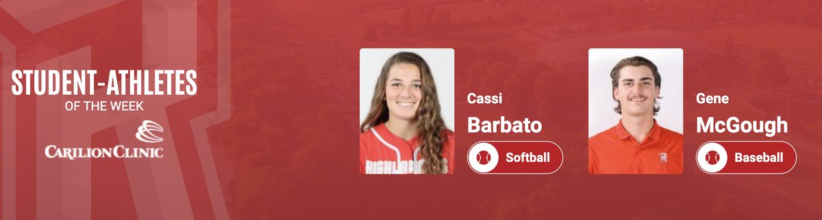Here’s a look at the <a href="/CarilionClinic/">Carilion Clinic</a> Student-Athlete Spotlight!

This week’s athletes are <a href="/RadfordSoftball/">Radford Softball</a>'s Cassi Barbato and <a href="/RadfordBaseball/">Radford Baseball</a>'s Gene McGough

#RiseAndDefend x #BigSouthMade
