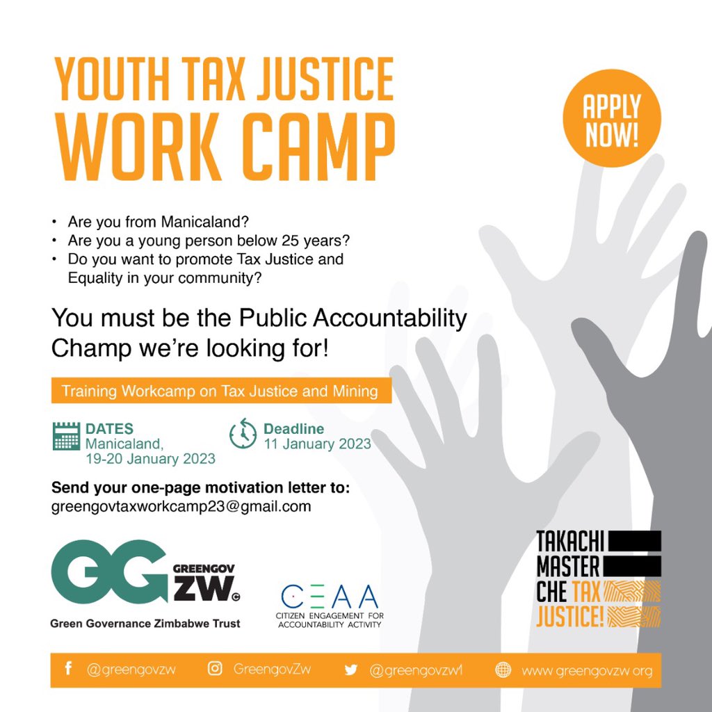 FrankMpahlo's tweet photo. OPPORTUNITY! We kick-off this year with our inaugural Youth #TaxJustice Workcamp in Manicaland, Zimbabwe. Apply to the email provided on the flier below and become the next public accountability champ! @CEAAZim @ZIMCODD1 @TaxJusticeAfric @StopIFF @PWYPZIM https://t.co/TYOoQxlJMp