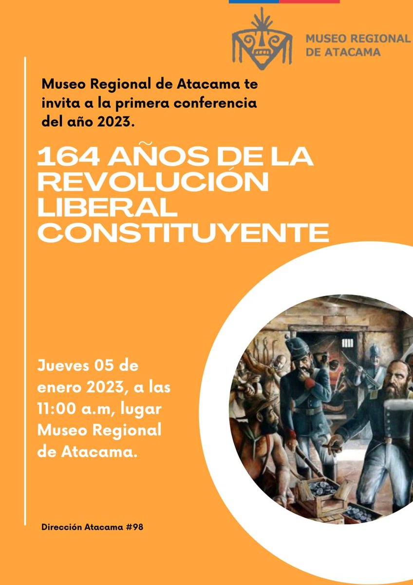 Amigas y amigos
Hacemos extensiva la invitación de las amigas y amigos del <a href="/casamattamuseo/">Museo Regional Atacama</a> a la primera conferencia del año
164 años de la Revolución Liberal Constituyente
📍 Dónde: Museo Regional, Atacama 98
🗓 Cuándo: mañana jueves 05 de enero 2023
⏰️ Hora: 11:00 hrs
#Copiapo