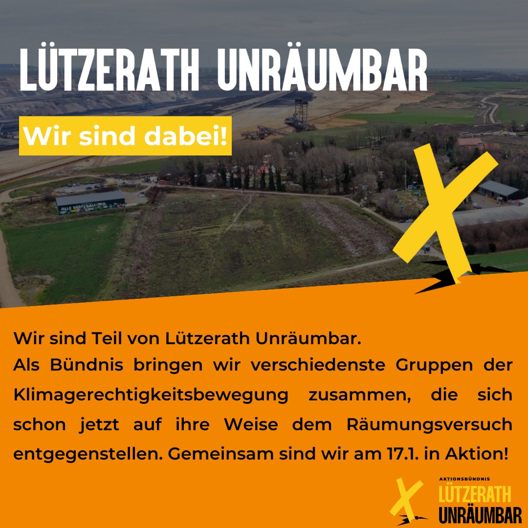 📣 Aktionsankündigung
🙅‍♀️ Wenn Ihr könnt, fahrt jetzt nach #LütziBleibt!
📅 Spätestens am 17.1. ist #LützerathUnräumbar, denn wir kommen als Bündnis zusammen und stellen uns der Zerstörung in den Weg! Mit hunderten Menschen werden wir zeigen, dass Kohle keine Zukunft hat!
