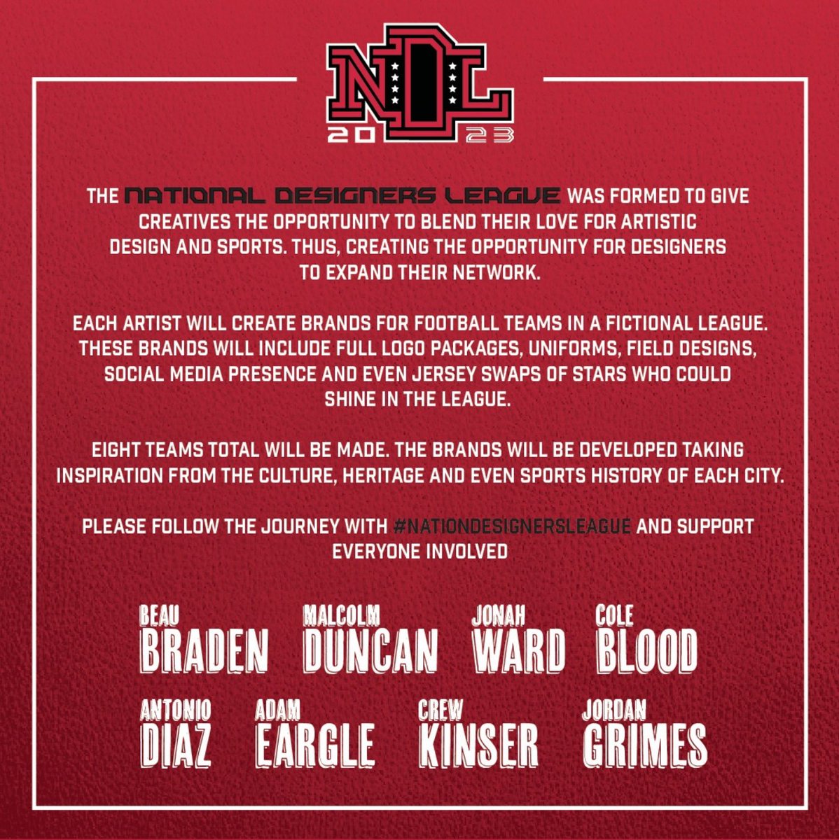 J7Grimes's tweet image. Fun collaboration this month.

Stay tuned:
#NationalDesignLeague

Members:
@SpaceMan_Flav @studiocrewco @DubyaGFX @adameargle @beautalksfb @ColeBDesign @malcolmtduncan