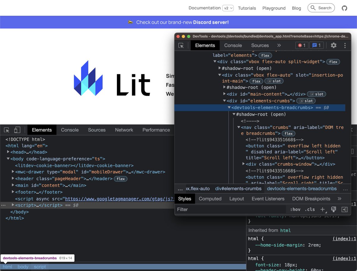 buildWithLit's tweet image. 🧰 How cool is this - Chrome DevTools is #builtWithLit!

From the elements panel, to the #CSS inspector, DevTools uses Lit&apos;s declarative templating system for a better DX and fast performance.