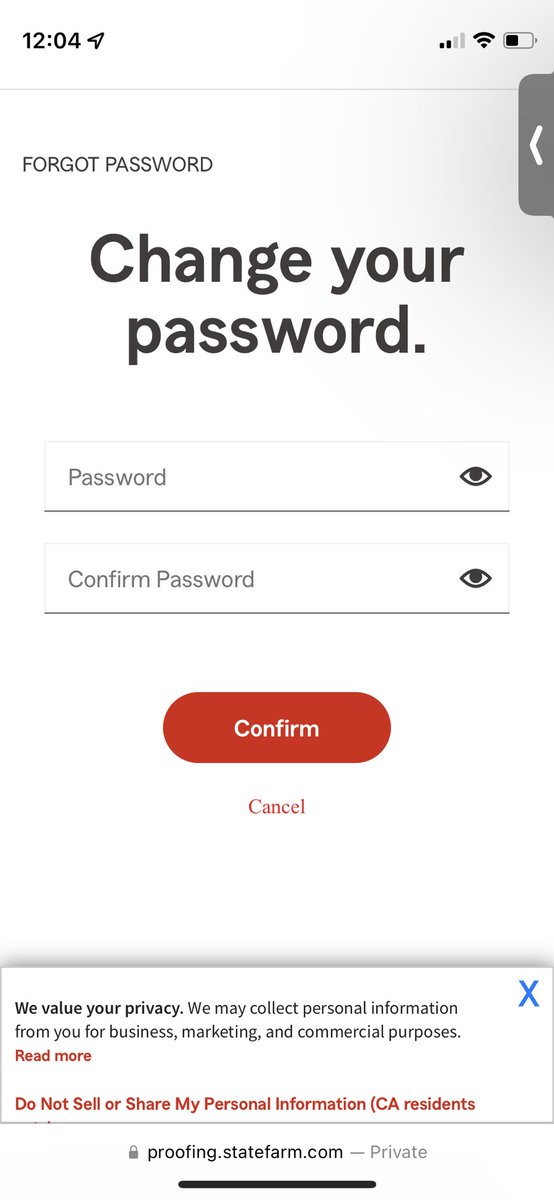 MingleMolly's tweet photo. @StateFarm Why is it that every time I try to change my password that confirm button isnt real? Nothing happens when I click on it. It is just a picture. I have tried on Safari, Chrome, and Edge. I just want to log in and update my miles. https://t.co/BVozh8HLIq