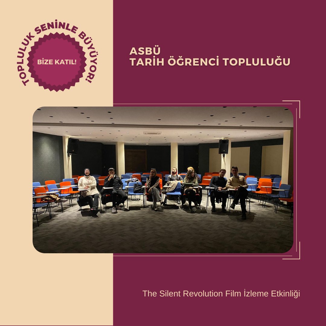 Bugün ASBÜ Tarih Topluluğu olarak, The Silent Revolution adlı filmi izledik. Film sonrası etkinliğimize katılanlarla birlikte filmi değerlendirdik.

Etkinliklerimizden haberdar olmak ve aramızda bulunmak için #BizeKatıl