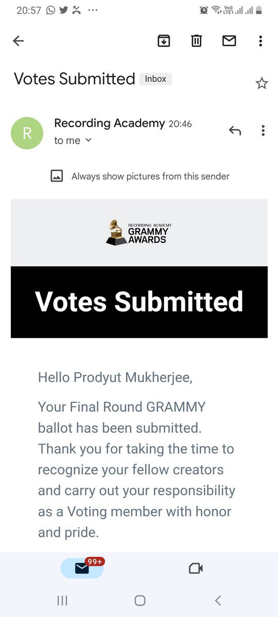 Had a difficult time voting for 14 nominations  for GRAMMY in 14 categories. I've just done my voting. All the best to all nominees. All are true winners. Thanks Recording Academy for entrusting me with the task🙏🙏#RecordingAcademy / #Grammys
 #Vote4GRAMMYs