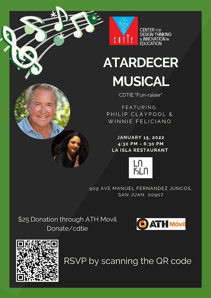 CDTIEorg's tweet photo. Come join our efforts to change education in Puerto Rico. Enjoy our fun-raising event Atardecer Musical on January 15.
 #education #DesignThinkinginEducation #designthinking 
#changewducation #fundraising #nonprofit https://t.co/mwhln4BP0j