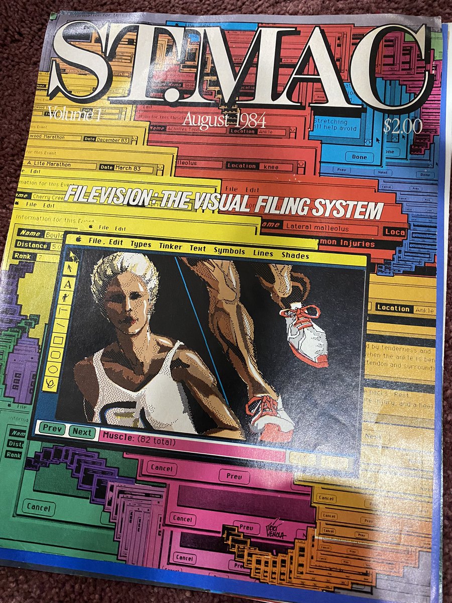 TriciVenola's tweet photo. The first magazine for the Mac. I was the AD. I mouse-created the cover drawing on a 128 K Mac in Filevision, at their offices with the programmers watching, saying in disbelief, “This can’t be done with our program.” #vintage #digital #macartist https://t.co/ifQg4UHE9m